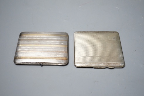 A 1920's silver and two colour yellow metal cigarette case, 92mm, gross 88 grams and a plated cigarette case.